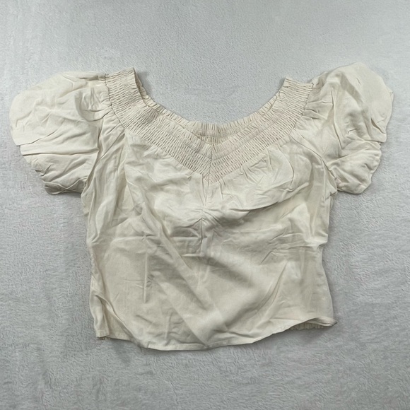 NEW ASTR M White Cream‎ Crop Top Balloon Sleeve Lyocell Linen Blend Blouse - Picture 6 of 9